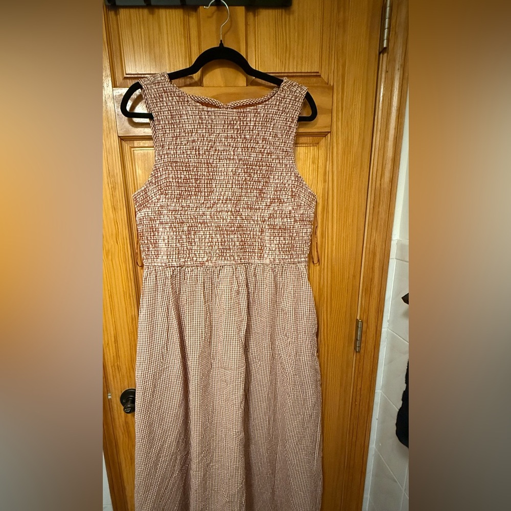 Smocked Gingham Maxi Dress Rust Boho Cottagecore Sleeveless XL